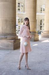 Light pink dress and pearl Bag