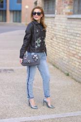 Spring outfit: embroidered faux leather jacket and denim joggers from Trendyberry