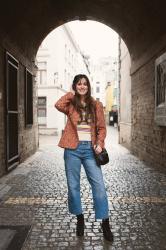 Outfit: rainbow striped polo, cropped denim