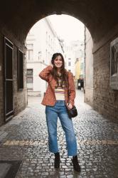 Outfit: rainbow striped polo, cropped denim