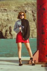 Funnel Neck Two Tone Graphic Chunky Sweater & leather skirt