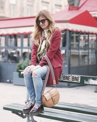 BURGUNDY COAT & NEW BAG IN PARIS FASHION WEEK