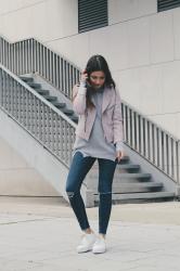 Pink jacket, jeans & sneakers