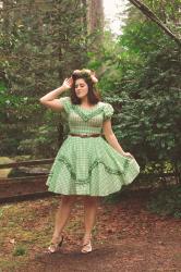 Vintage swing dress, flower crown, and Rago shapewear