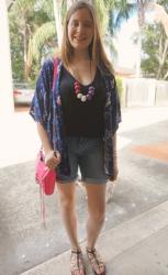 Blue Kimonos, Tees and Denim Shorts with Neon Pink Bag | #6MonthsWithoutShopping Update 3