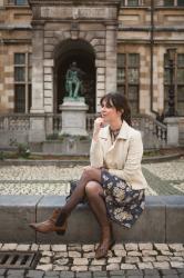 Outfit: white biker jacket, floral dress