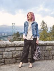 Girl in the hood:  Styling striped cropped trousers with a hooded sweater and denim jacket