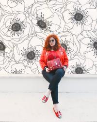 Red Bomber Jacket with Embroidered Flowers 