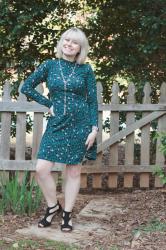 Outfit: Turquoise Leopard Turtleneck Dress and Black Block Heel Sandals