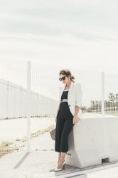 White blazer & pinstriped jumpsuit