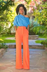 Off Shoulder Denim Top + High Waist Wide Leg Pants