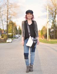 Coasting:  Styling reworked jeans with a blazer, western-inspired booties, and a baker boy cap