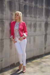 OUTFIT: WHITE  SKINNY JEANS AND FUCSIA BLAZER -  CAMICIA CON MANICHE AD ALETTA FELICIA MAGNO SS 2017 - 