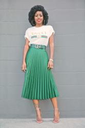 Logo Print T-Shirt + Pleated Midi Skirt