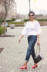 Lookbook:  J.Crew Off The Shoulder Top, Halogen Iris Lace Up Pumps