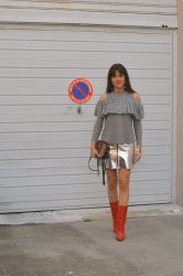 Ruffle Cold Shoulder Tee Shirt and Metallic Miniskirt