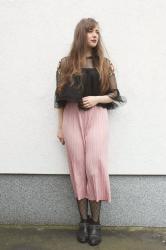 Mesh blouse and pleated pants