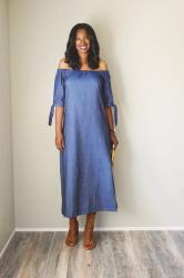 DIY Chambray Tie Sleeve Off the Shoulder Midi Dress