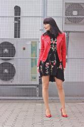 Red biker and floral dress