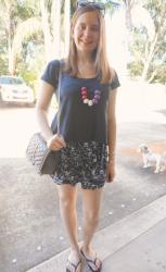 Shorts, Navy Prints and Rebecca Minkoff Quilted Love Bag