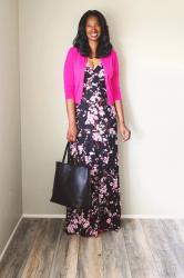 Spring Floral Maxi Dress with Bright Pink Cardigan