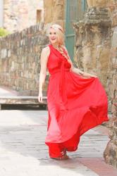 {Outfit}: Red Silky Gown and Flower Crown