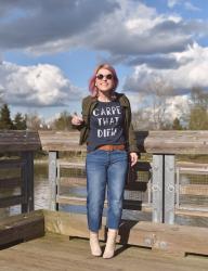 Seize the day:  styling cropped jeans with a graphic tee, bomber jacket, and ankle boots