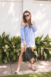 Blue & White Off the Shoulder Blouse