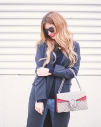 BLUE TRENCH AND GUCCI DIONYSUS BAG
