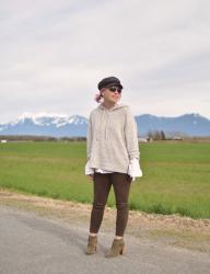 Road tripping:  styling vegan suede leggings with ankle booties, a hoodie sweater, and a baker boy cap