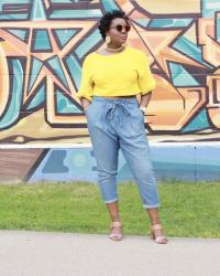 Paper Bag Denim Pants + Canary Yellow Crop Top