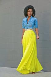 Fitted Denim Shirt + Neon Maxi Skirt