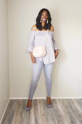 Grey Long Sleeve Off The Shoulder Knotted Blouse