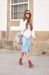 denim skirt, burgundy boots