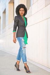 Black Blazer + Tie Front Blouse + Distressed Boyfriend Jeans