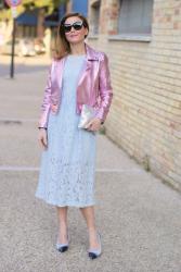 Lace dress and metallic pink motorbike jacket