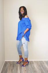 Blue Off The Shoulder Peplum Hem Top