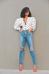 Polka Dot Puff Shoulder Blouse + High Waist Ripped Jeans