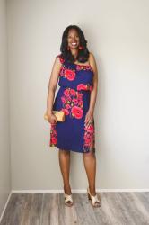 Navy Poppy Print Bardot Midi Frill Dress