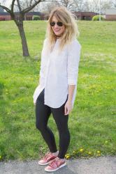 Spanx Leggings + White Button-up.