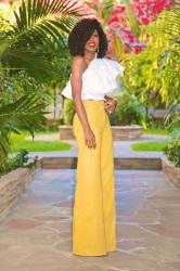 One Shoulder Ruffle Top + High Waist Wide Leg Pants