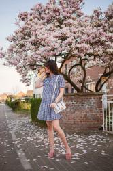 Outfit: gingham shirtdress and pink studded mules