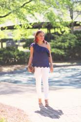 Navy One Shoulder Ruffle Top