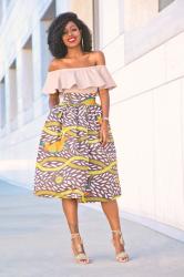 Frill Off Shoulder Top + Printed Stella Jean Midi Skirt