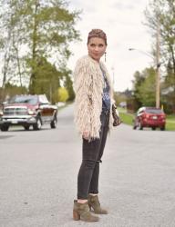 Fade to black:  styling distressed black skinnies with ankle boots and a shaggy cardigan