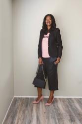 Black Culottes with Blush Pumps and Tee