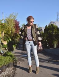 Garden state:  styling layered stripes with skinny jeans, booties, and a moto vest