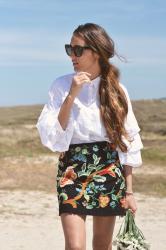 ruffled shirt + embroidered skirt