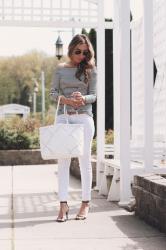 off the shoulder stripes // white tote