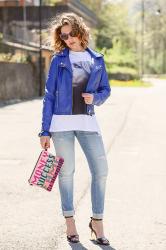 Blue biker and ripped jeans (Casual Rock Fashion Blogger Outfit)